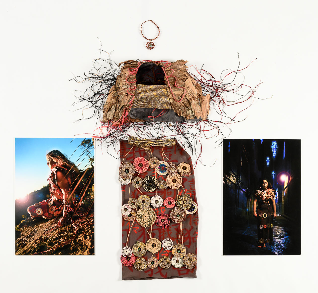 A wearable artwork accompanied by photographic documentation of the work being worn.