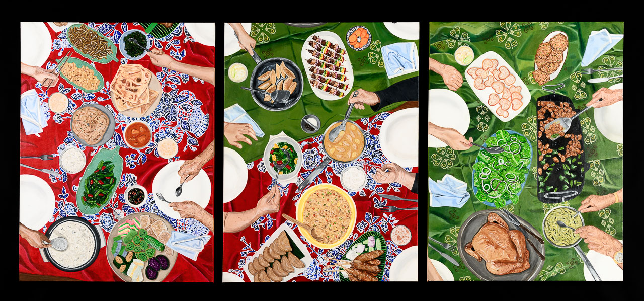 A large, colourful painting of an aerial view of a tablescape on a red and green background.