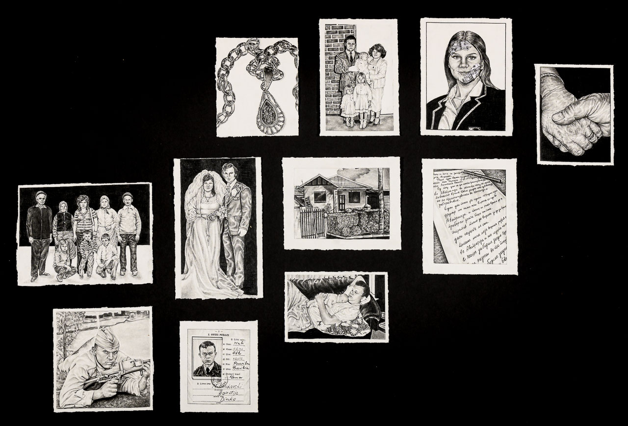 A series of eleven black and white drawings exploring the artists family history and experiences with war in their home country and emigration to Australia.