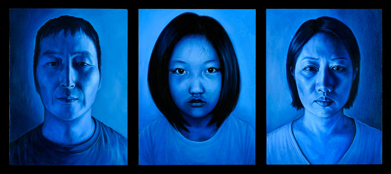 Three portraits in blue tones, on the left is an Asian man, in the middle is a female Asian child, and on the right is an Asian woman.