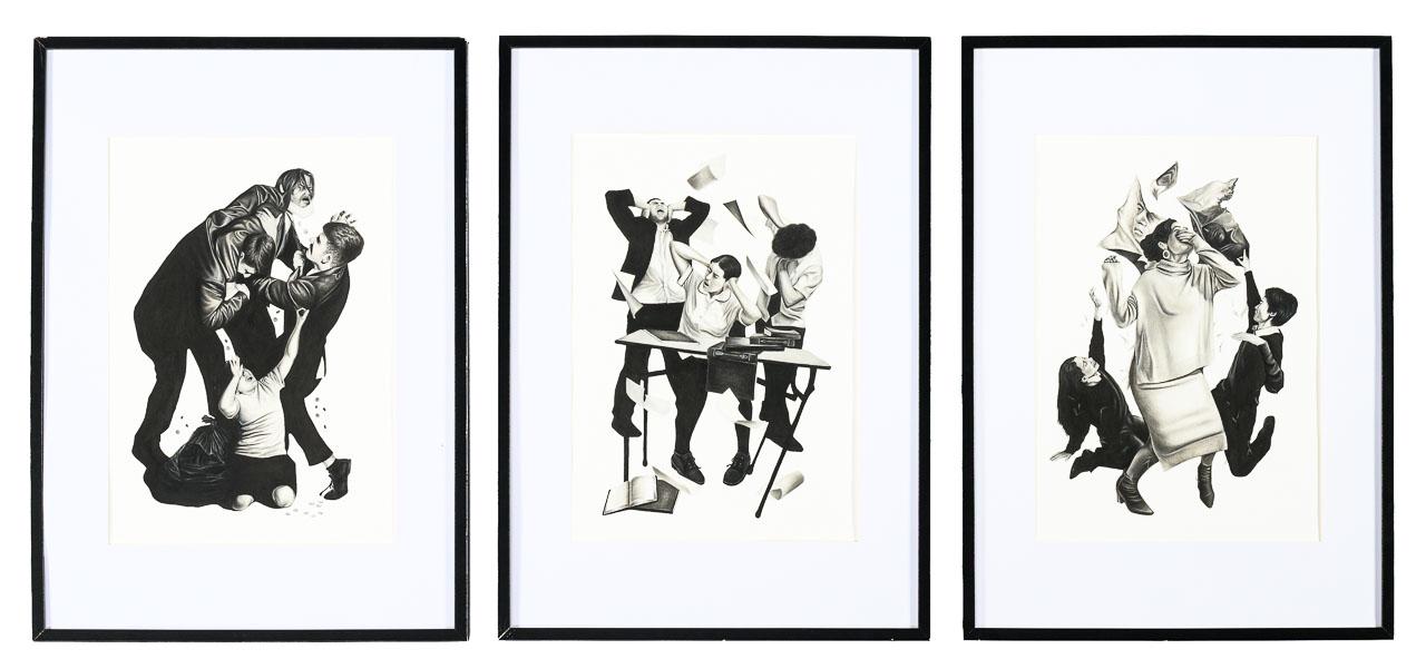 Three black and white drawings, each depicting a different age group and a struggle they experience in corrupt societies.