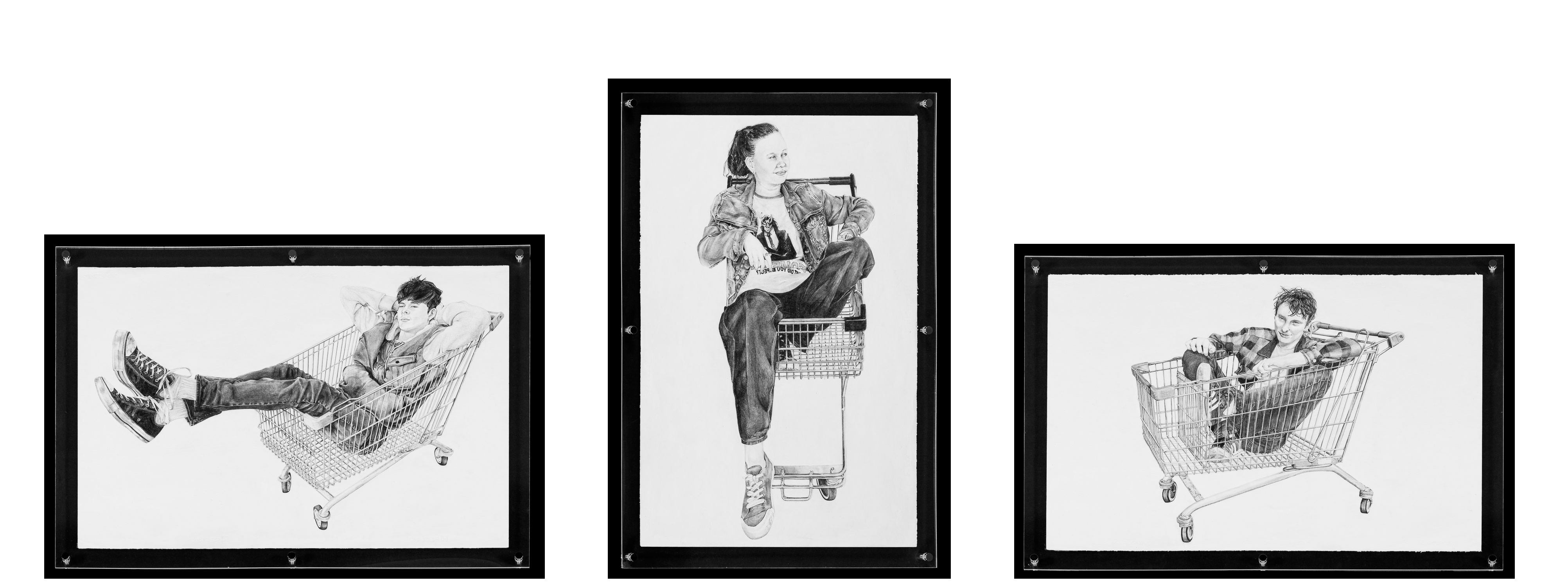 Three small pencil drawings of youths sitting in shopping trolleys.