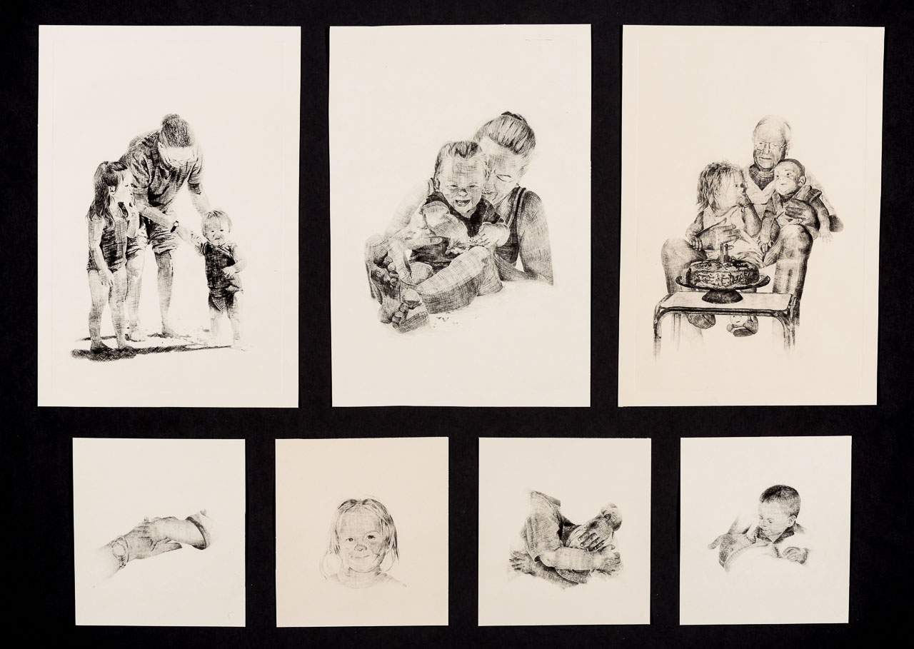Three large and four small black ink prints showing interactions between children and older people.
