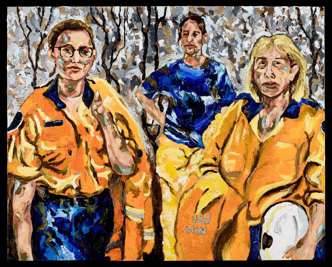 A painting of three female fire fighters against a burnt out bushland scene.
