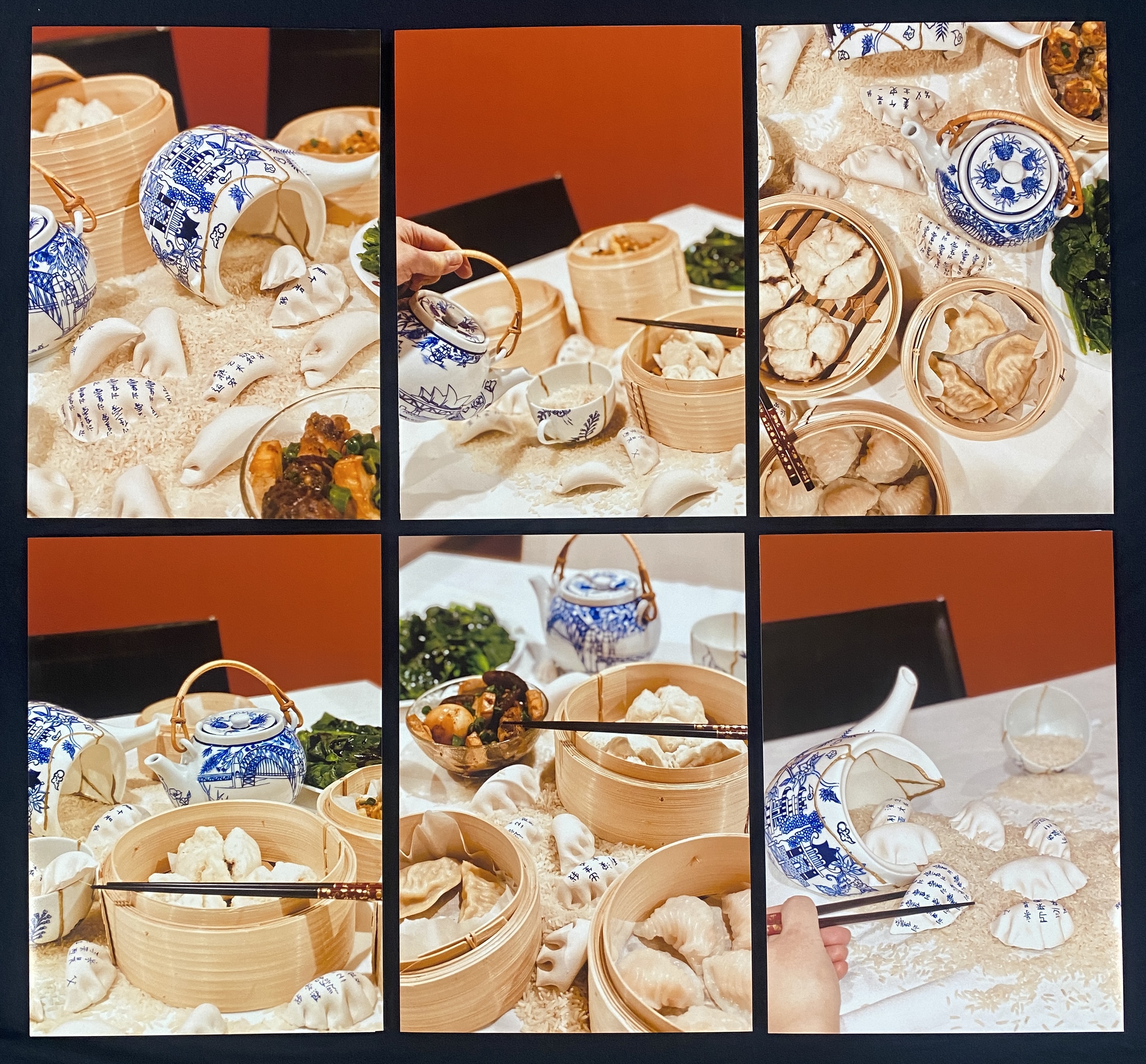 A series of six portrait photographs of a yum cha tablescape with bamboo steamer baskets and white ceramic dumplings with blue Chinese characters written on them.
