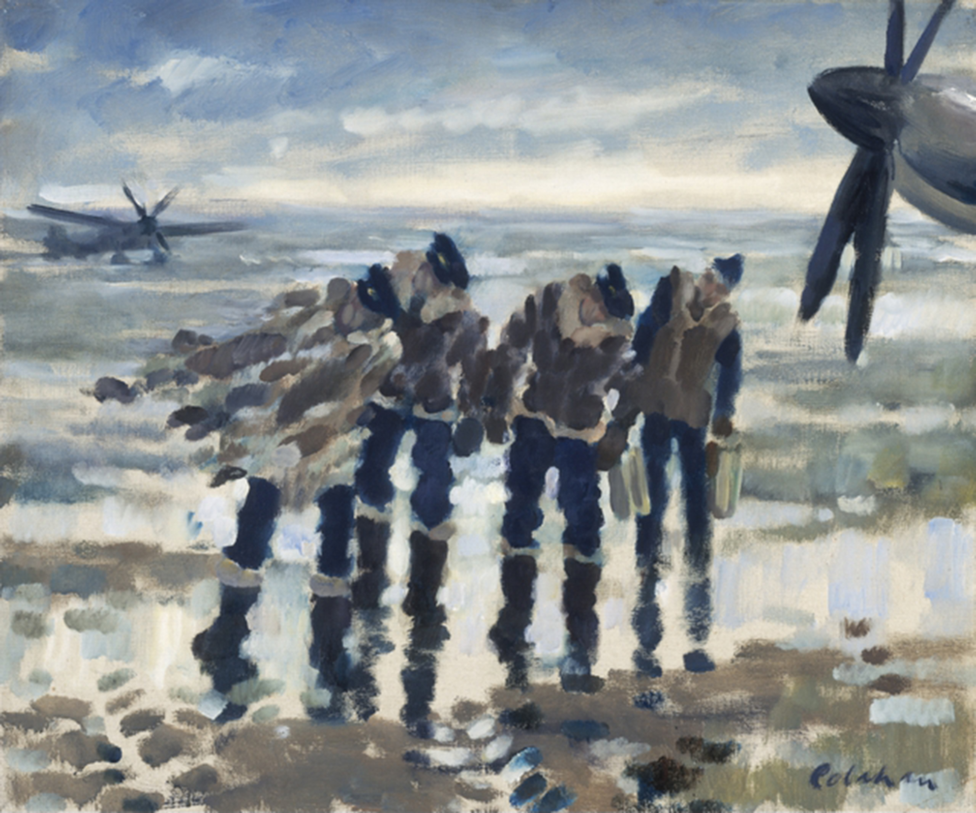 A painting of group of soldiers and old style propellor aeroplanes.