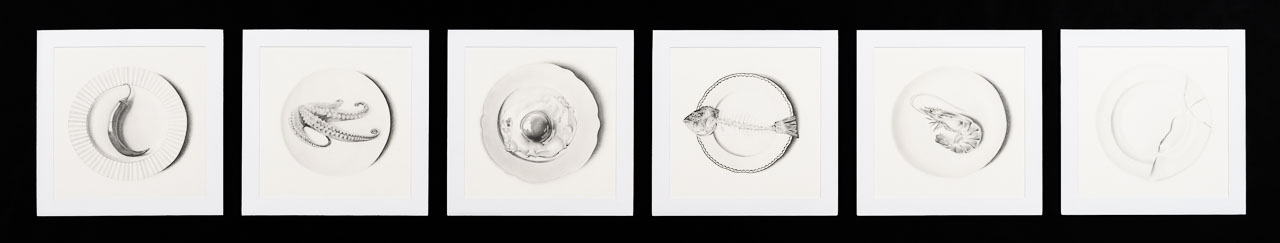 Six graphite pencil drawing of dinner plates, each holding a different food or ingredient.