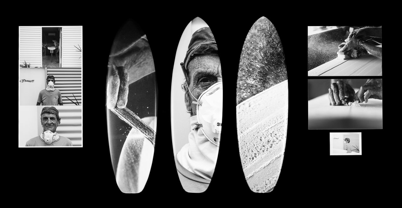 Black and white photographs of an older man making surfboards and the surfboard making process. Several photographs are printed traditionally and three are printed on surfboard shapes.