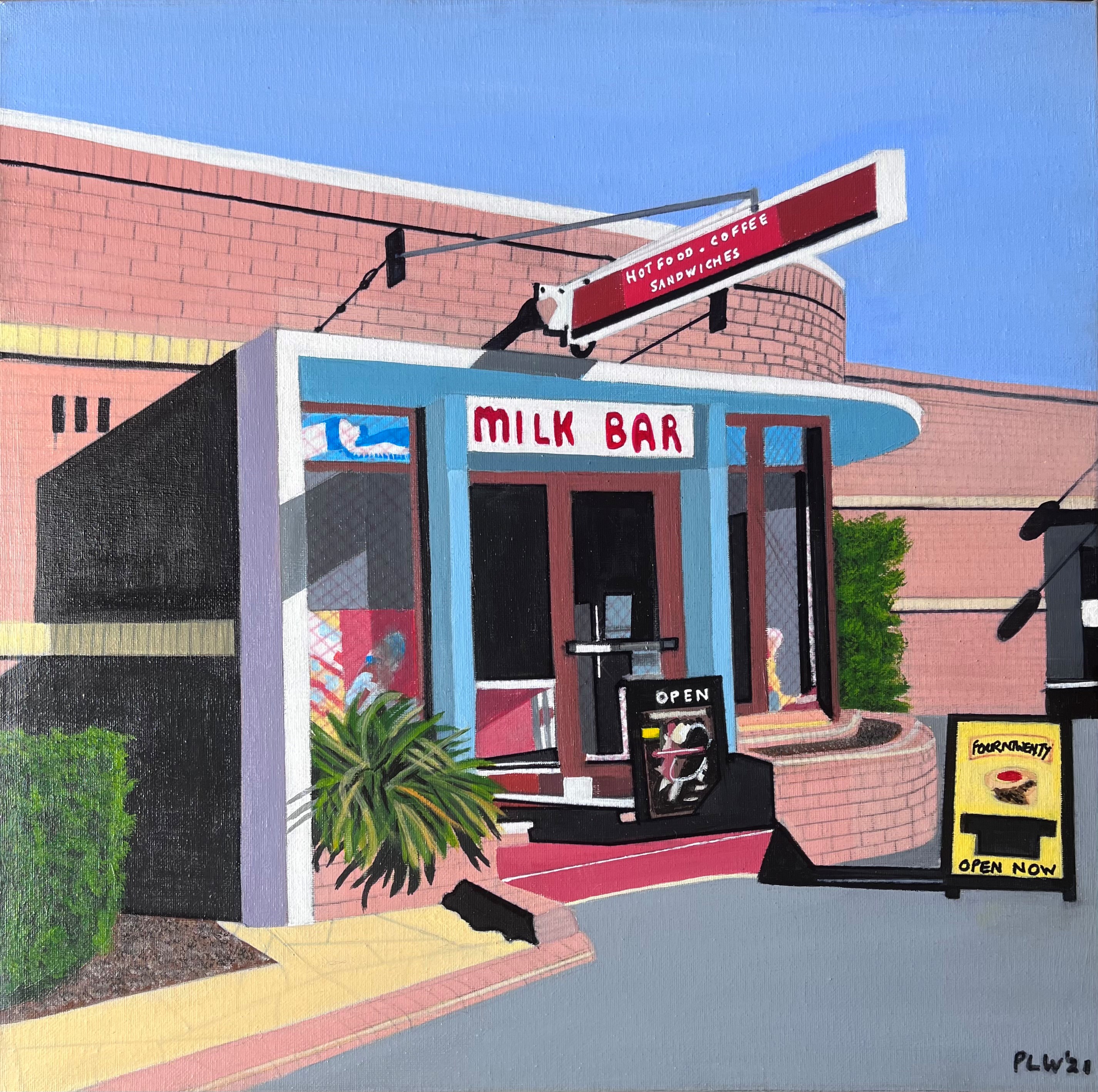 A colourful painting of the Cronulla Milk Bar, a red brick art deco building. The sky is blue and it is a sunny day. The facede of the building is painted light blue and ther is a yellow sandwich board sign on the footpath outside.