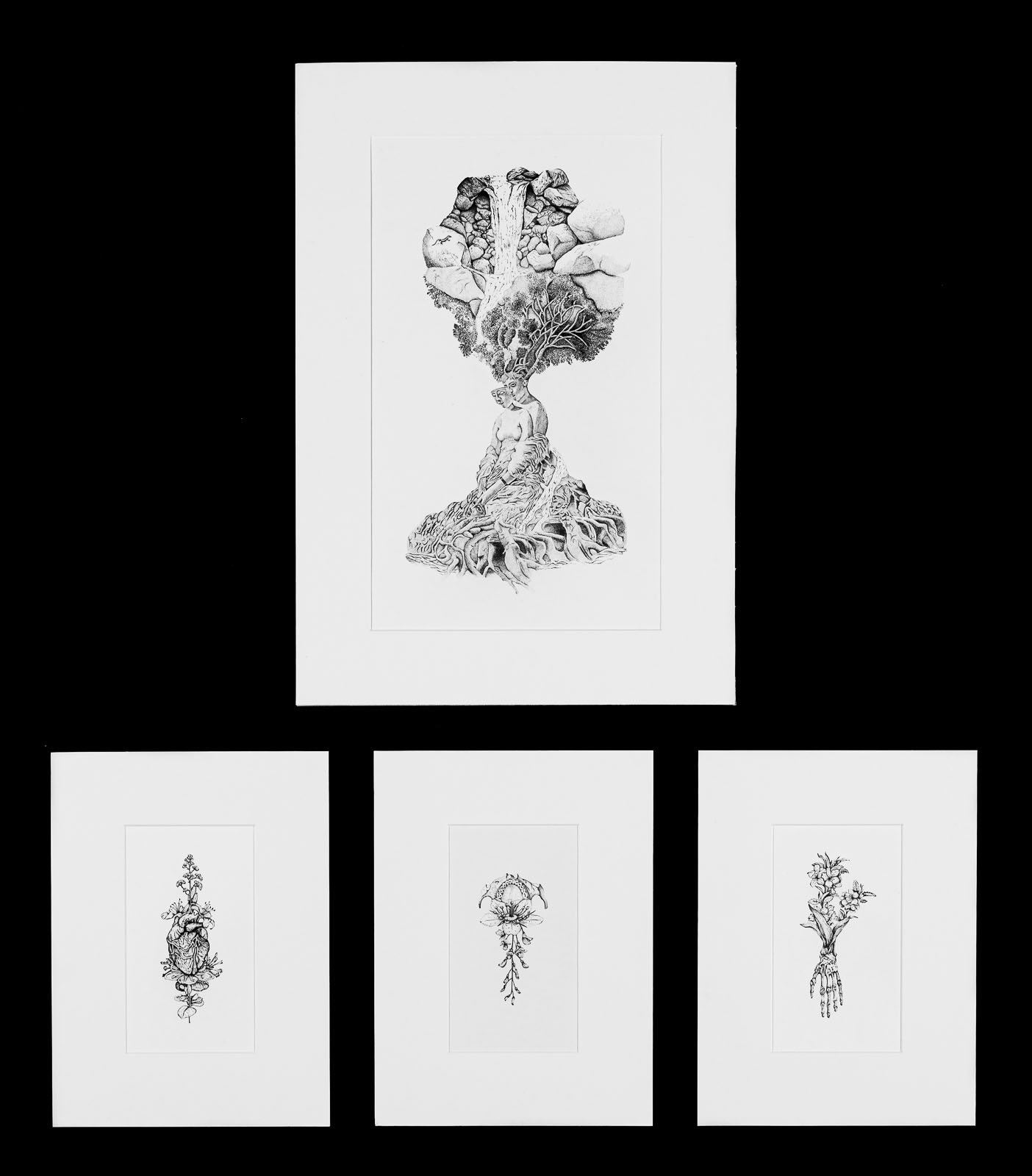 Four pen drawings that combine elements of the human figure with natural forms like rocks, branches and foliage.