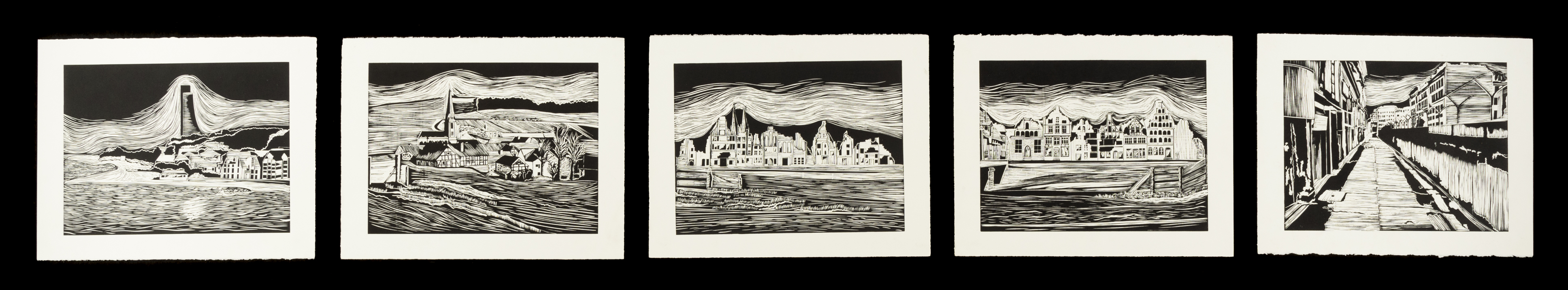 Five lino print works of dark, industrial and residential landscapes.