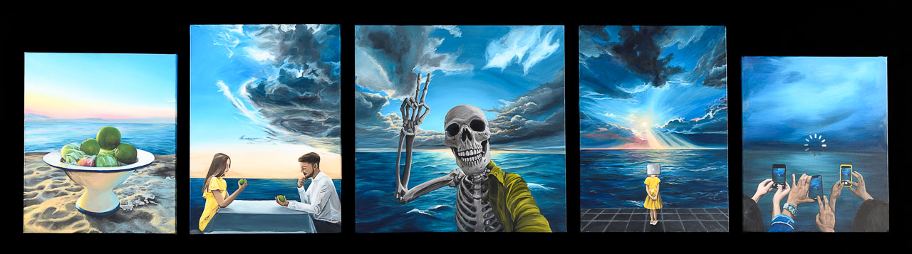A series of five scenes set against a stormy sky.