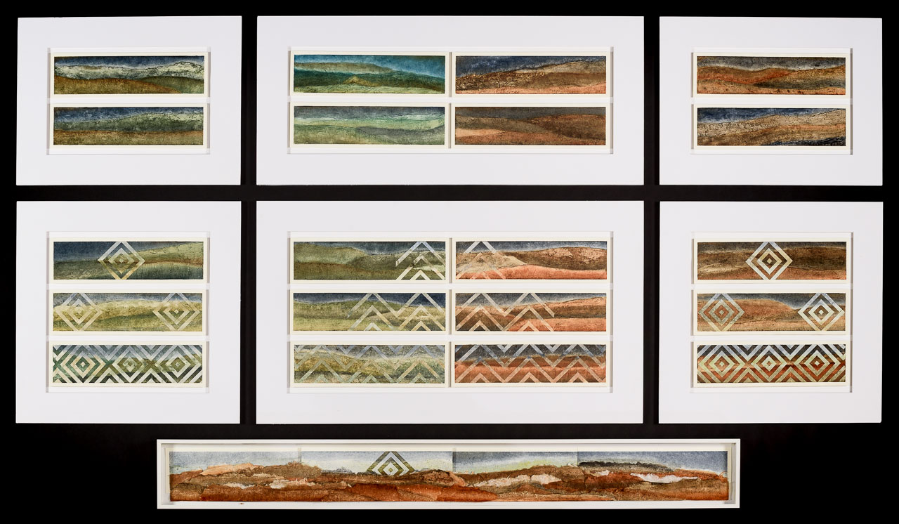A series of landscape prints overlayed with traditional Maori artwork.
