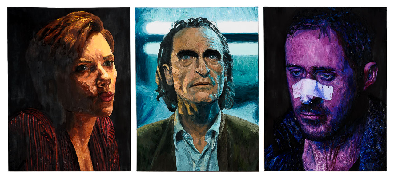 Three portraits of actors from films - Scarlett Johansson, Joaquin Pheonix and Ryan Gosling.