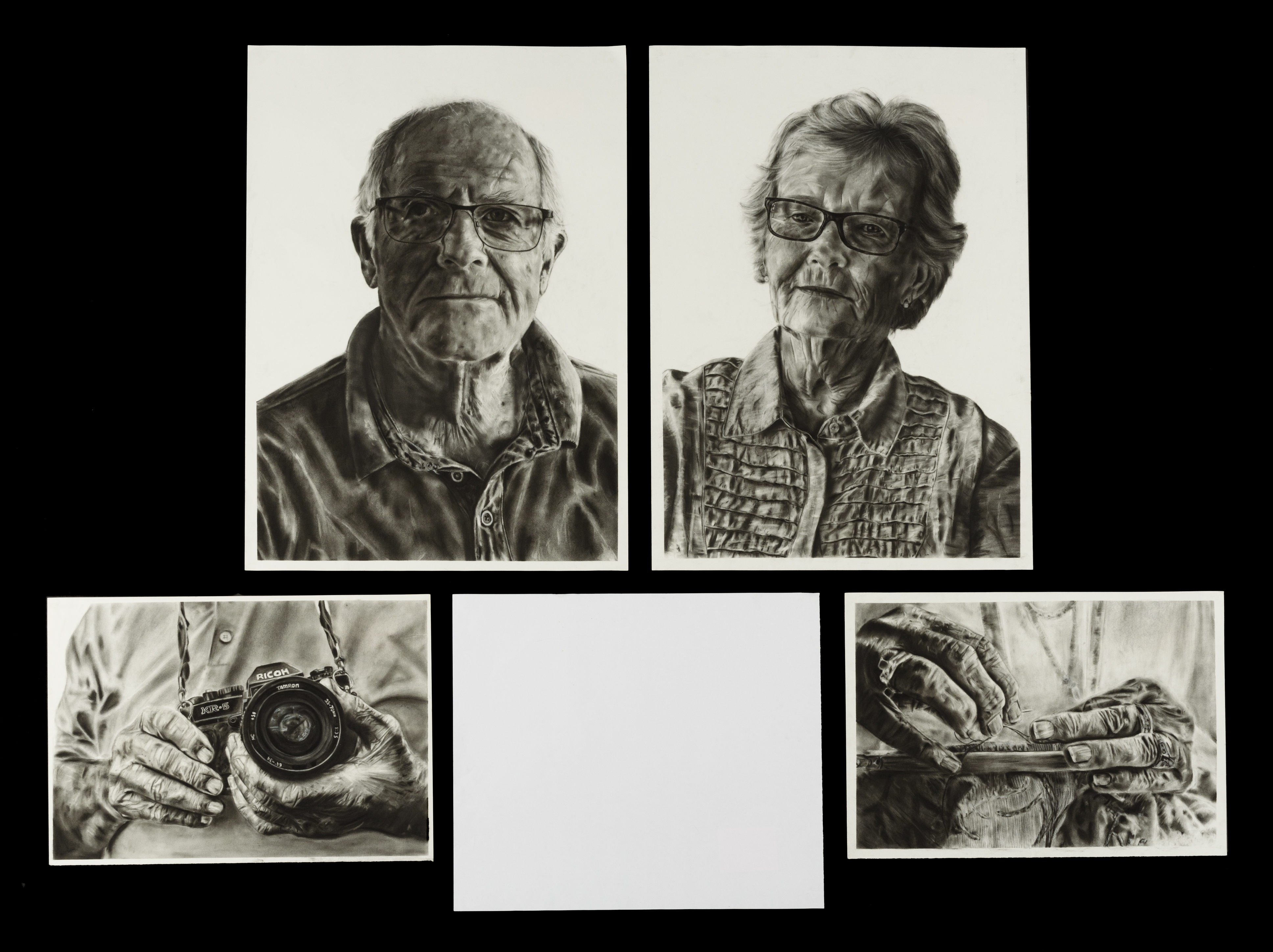A four panelled charcoal drawing, two portraits at the top are of an older man and woman. Below the portraits are drawings of their hands, the man is holding a camera and the woman an embroidery hoop.