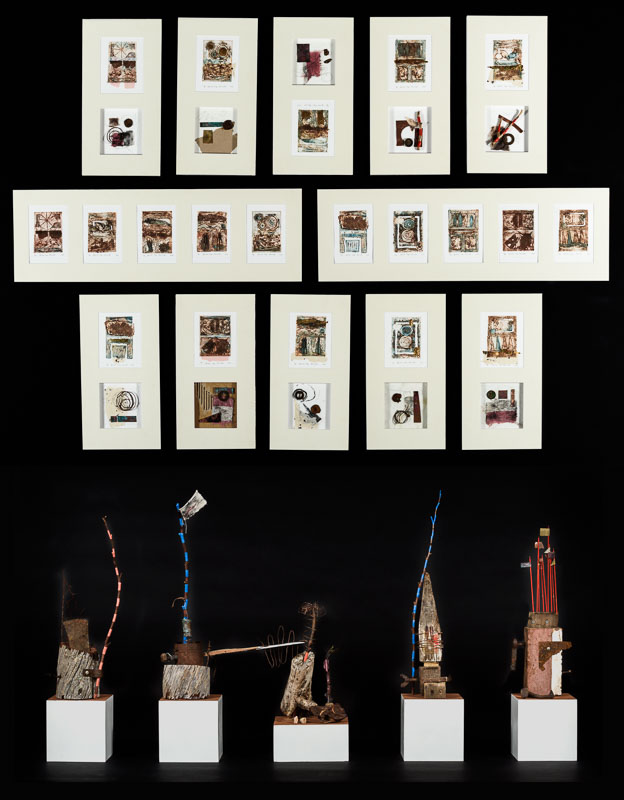 A collection of five sculptured and 12 small panels of 2-dimensional works.