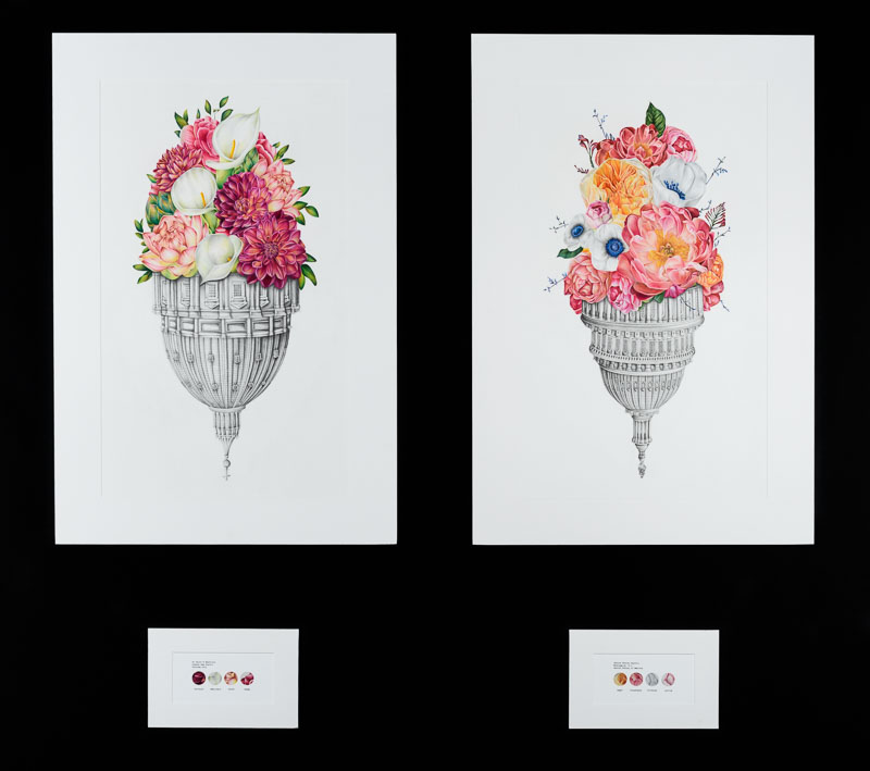 Two drawings of inverted building domes overflowing with colourful floral bouquets.