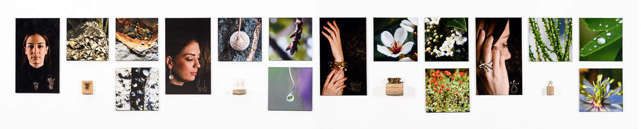 A range of macro photography of plants, four jewellery pieces and photographs of each piece being worn.