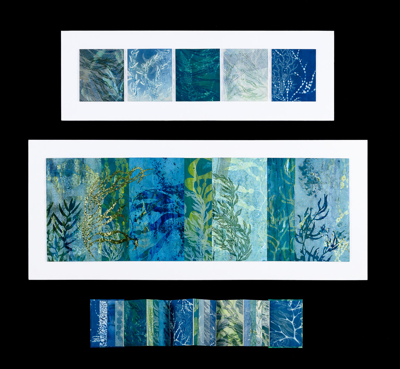 Multiple prints in shades of green and blue depicting seaweed.