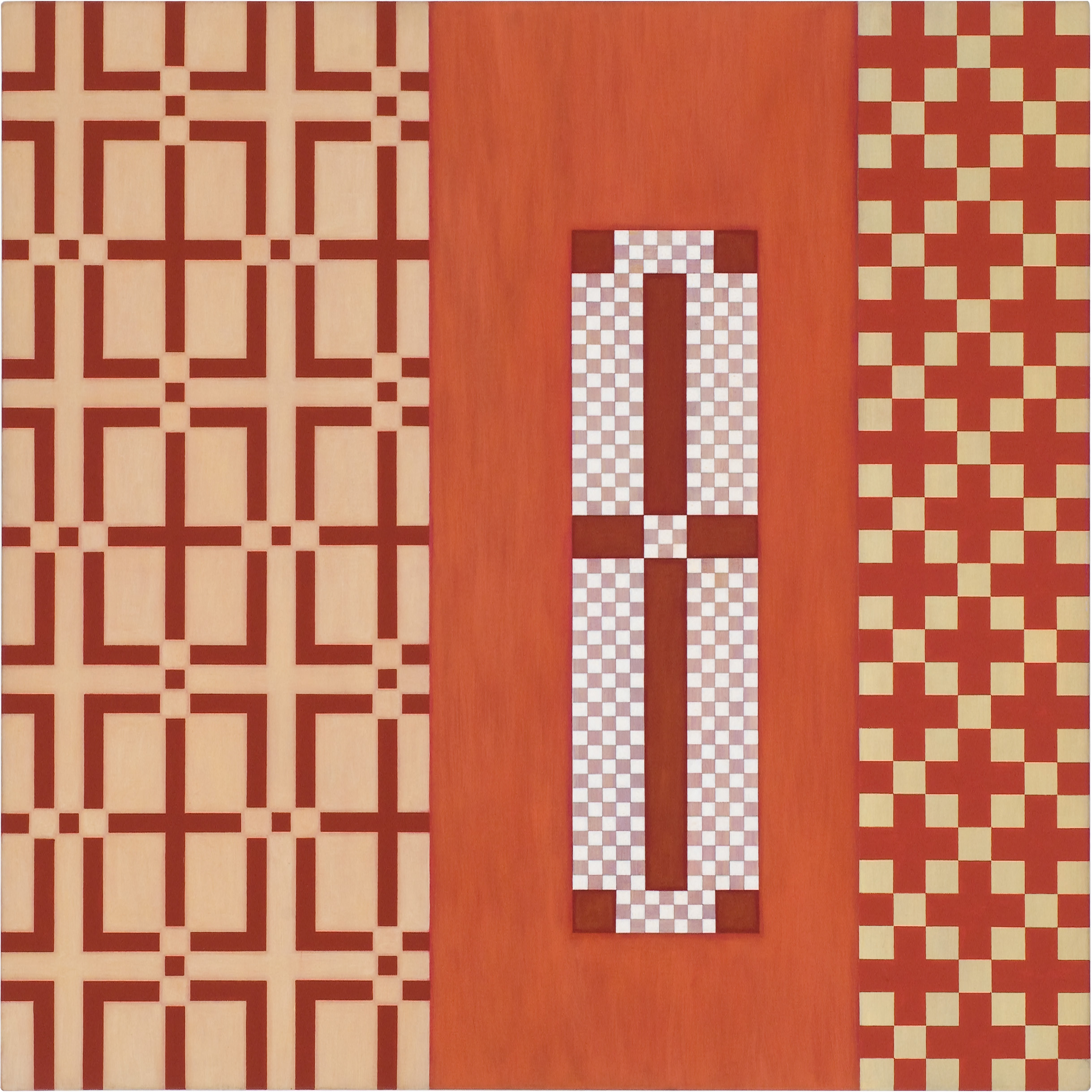 Abstract painting of red and white geometric crosses by artist Andrew Christofides.