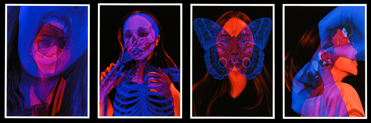 A four panel graphic design artwork featuring the same female Asian face each overlayed with imagery relating to health and emotion. The work is in a pallette of bright dark blue, orange and magenta.