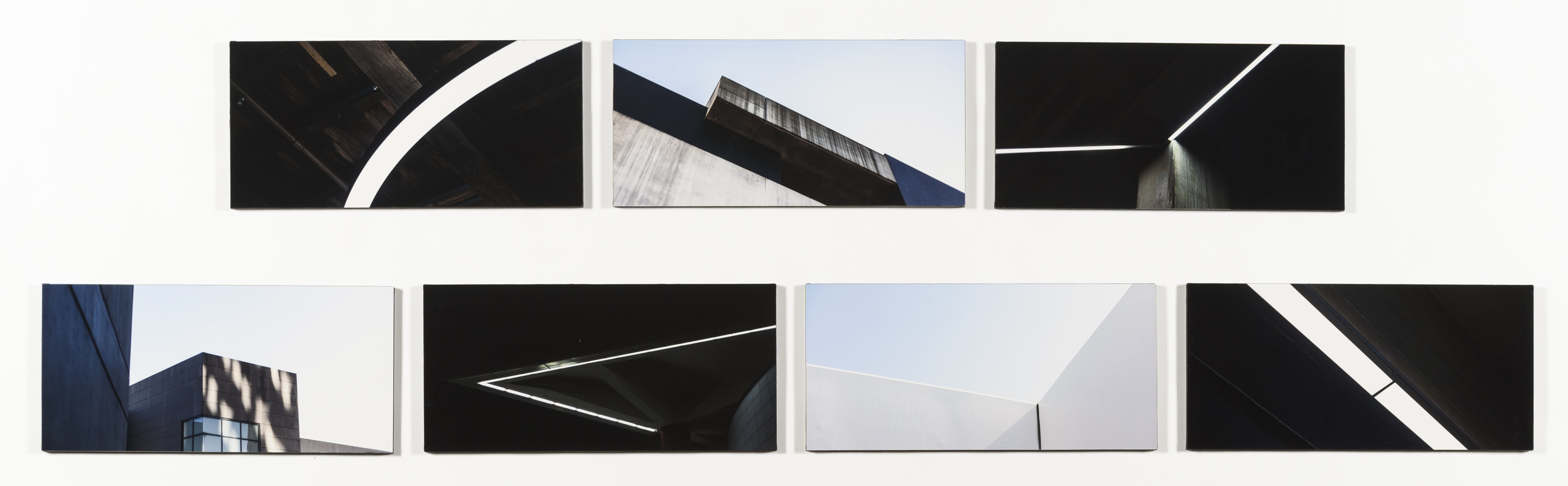 A series of seven close up photos of modern architecture.