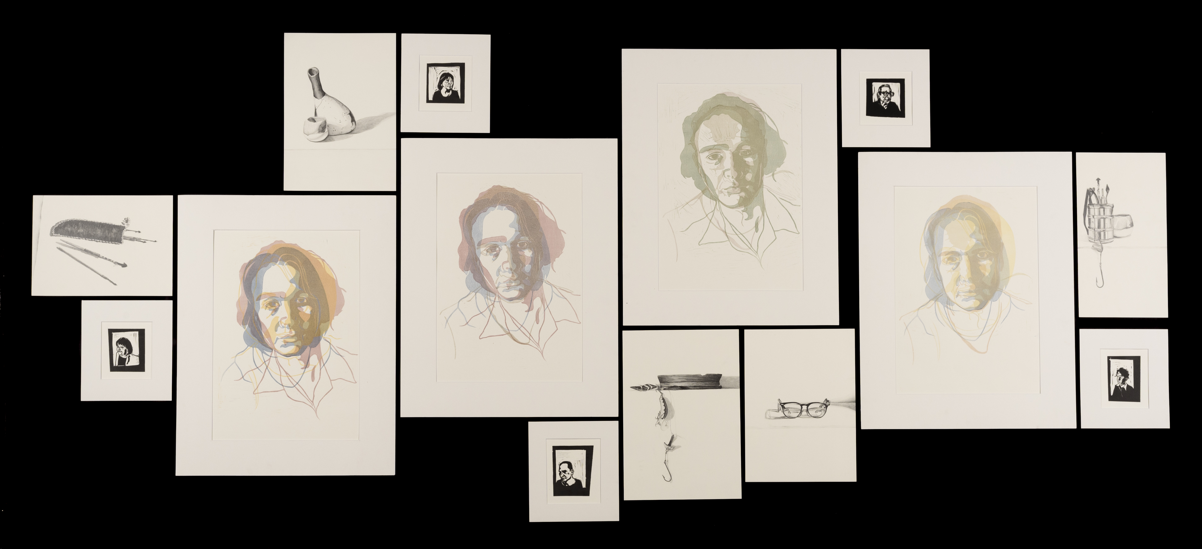A series of four large portraits made up of overlayed prints, these are accompanied by four small lino-cut portraits and five small pencil drawings of personal items.