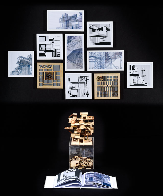 A small timber and perspex sculpture of a building accompanied by a book of drawings in an architectural style.