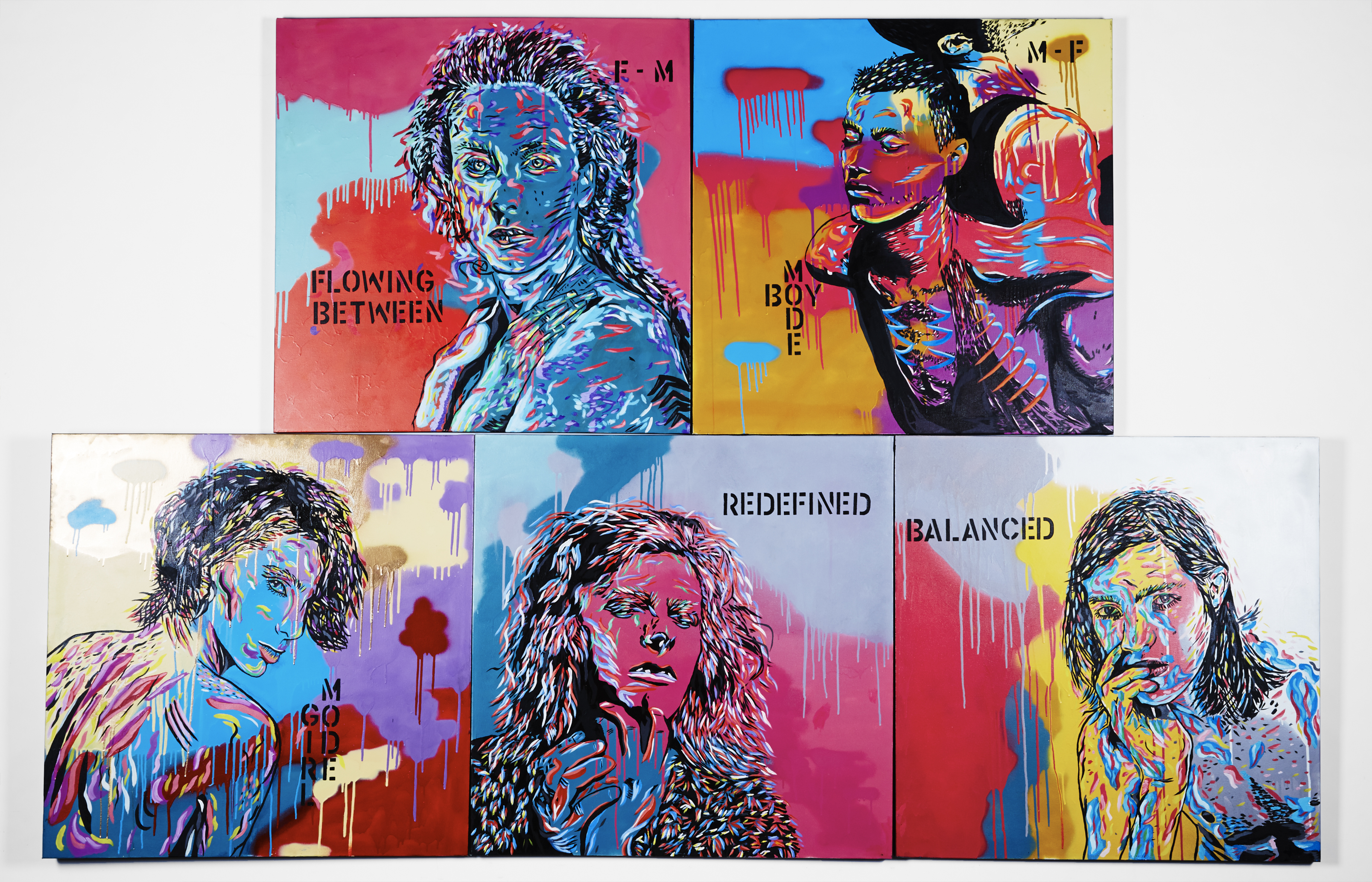 Brightly coloured paint splattered portraits of historical figures.