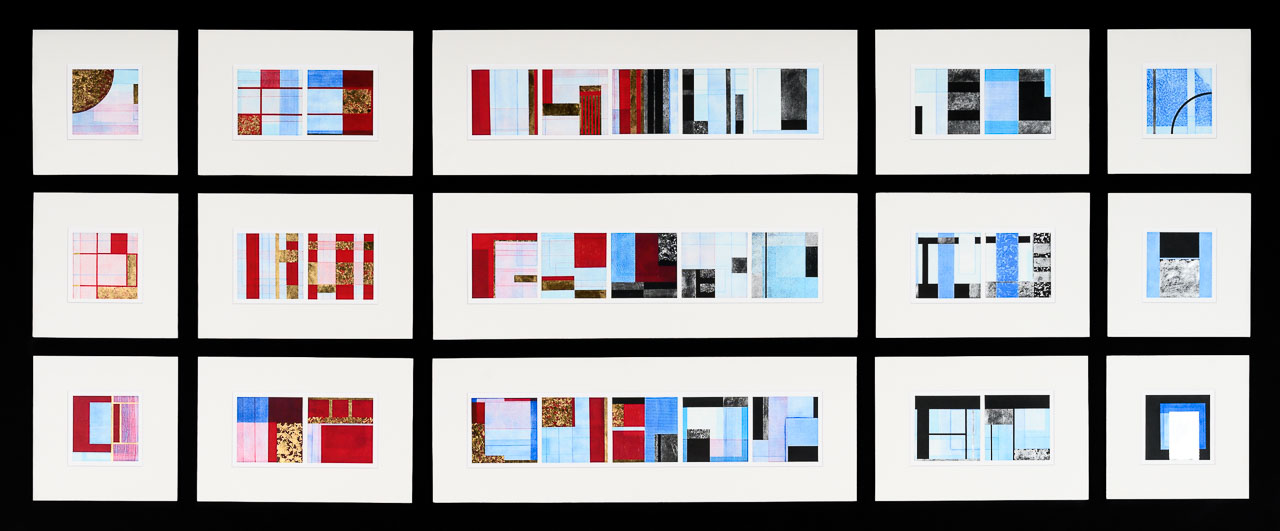 Fifteen abstract prints of various sizes in geometric patterns of reds, golds and blues.