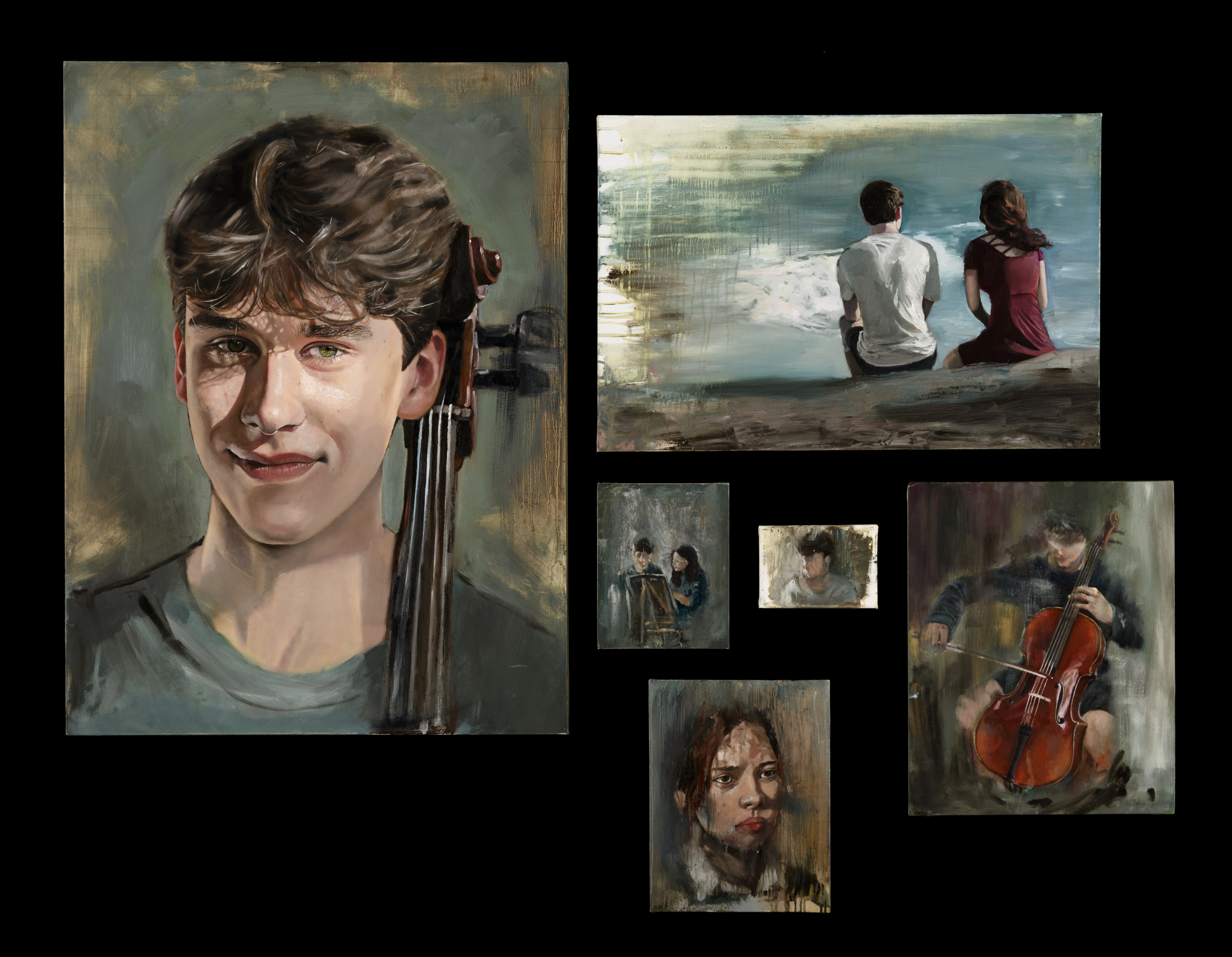 A series of paintings, some portraits and some featuring a large string instrument.