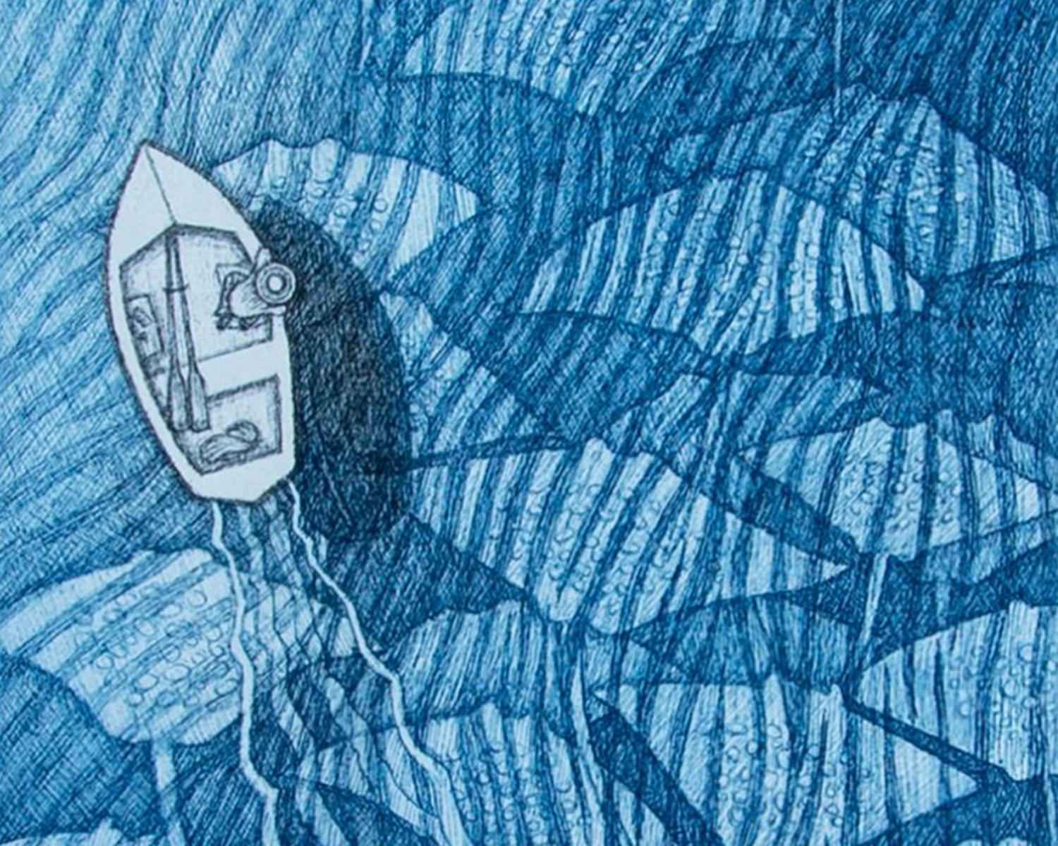 An illustrative looking blue etching depicting an arial perspective of a boat on the water with a pod of over large manta rays moving below it.