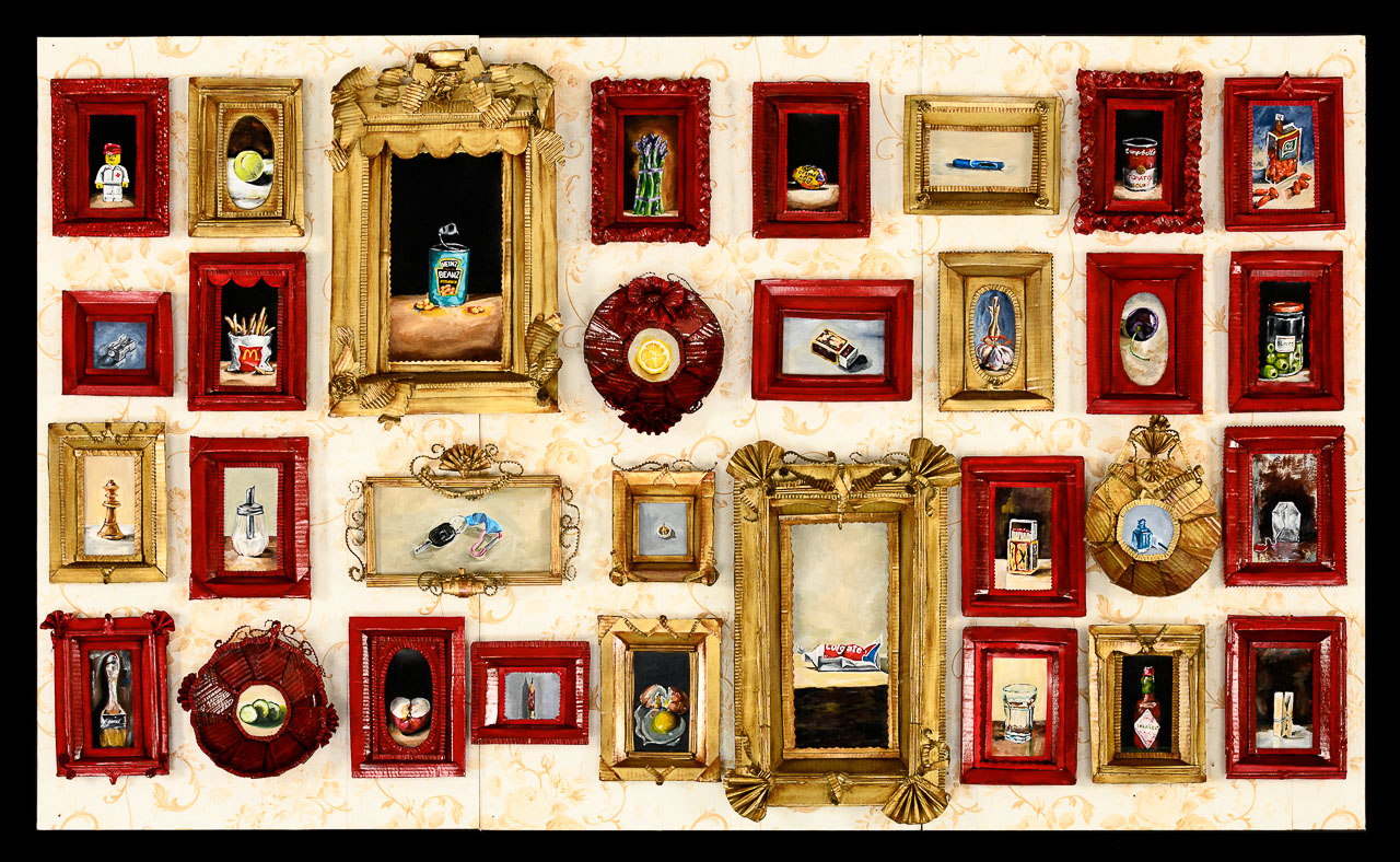 A series of small paintings of everyday images framed in ornate carboard frames in red and gold.