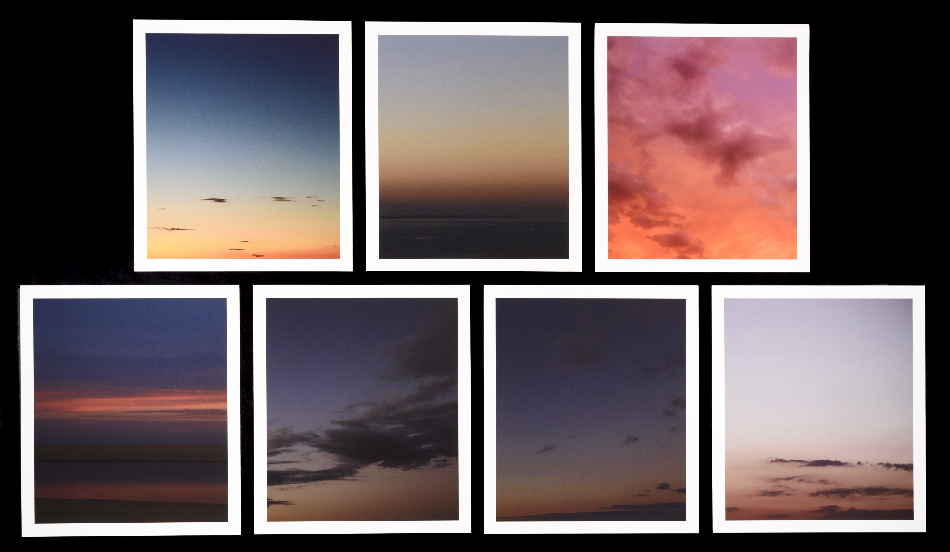 Seven photographs of the sky at sunset.