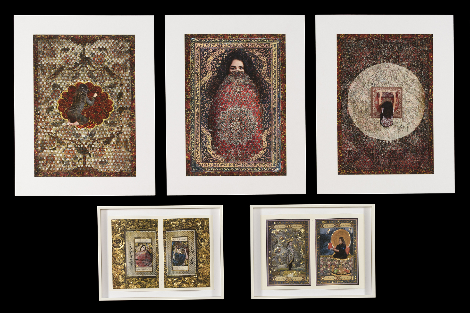 Three large intricate works on paper and four smaller ones, the colours of red and gold are prominent in each.