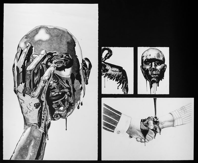 Four black and white drawings, two of human faces dripping with black oil, one of a bird covered in oil and one of two shaking hands with oil dripping over them.
