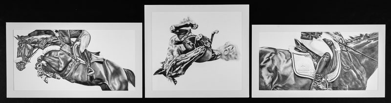 Three graphite pencil drawings of a rider on a horse in dynamic positions.