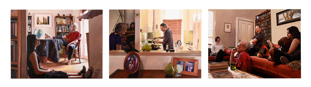 Three large photoreal paintings depicting scenes from domestic life.