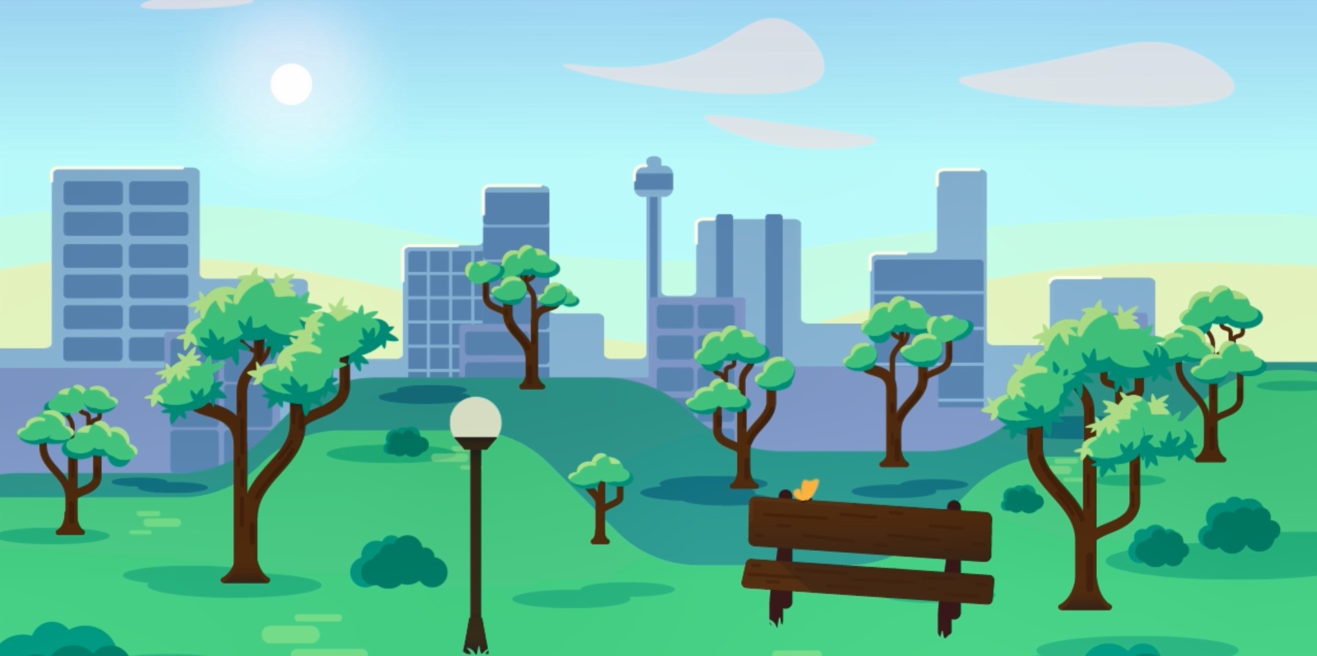Still from student film of a cartoon scene of a park with a bench.