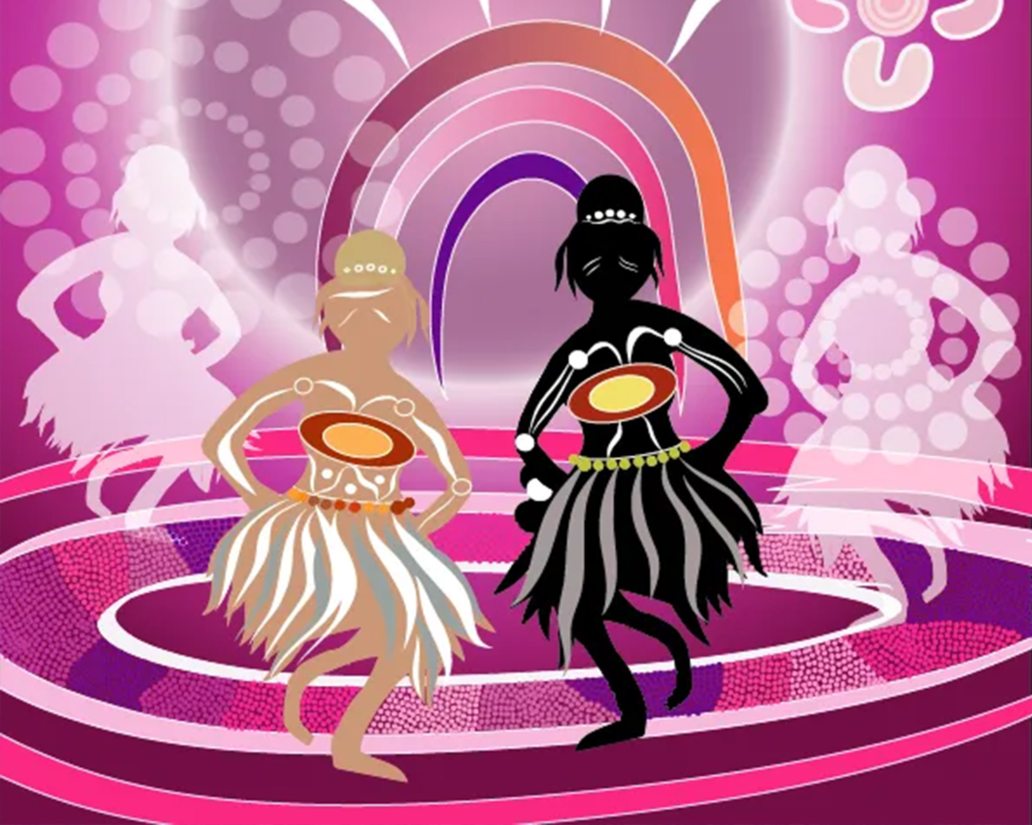 An animation still featuring two First Nations female figures performing dance moves, the ground below them is white concentric circles that radiate out and in the background of the image there are traditional symbols. The work features a colour palette of vibrant pinks, purples and blues.