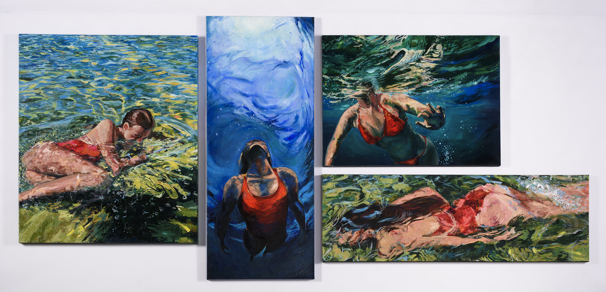 Four paintings of different sizes of a female figure in a red swimsuit moving through water.