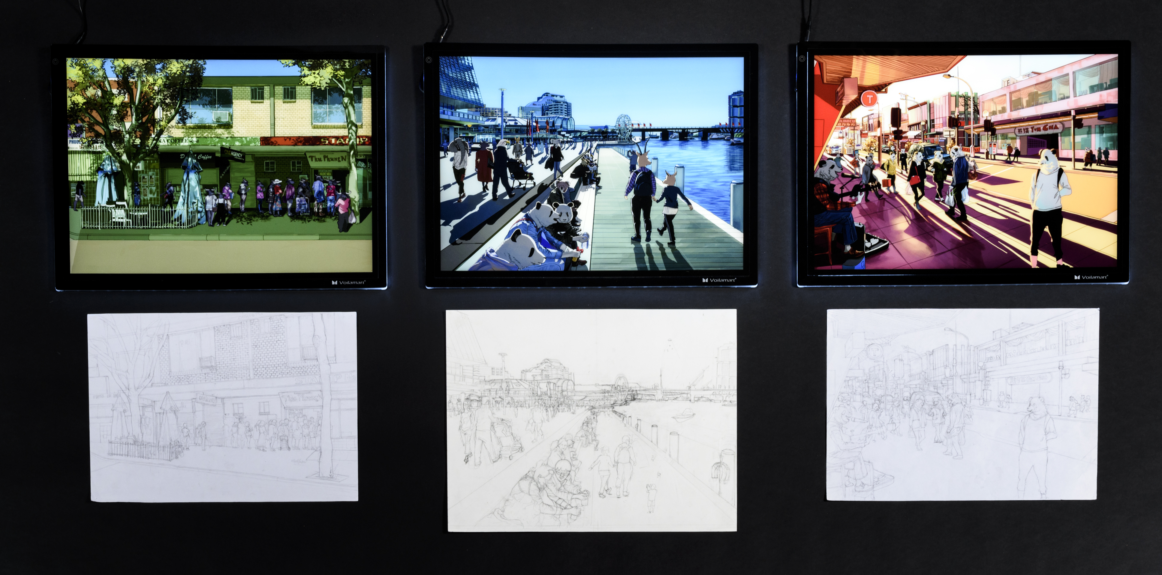 Three animation like stills showing streetscenes featuring animals with human bodies. Below each coloured work if the pencil sketch/storyboard illustration.