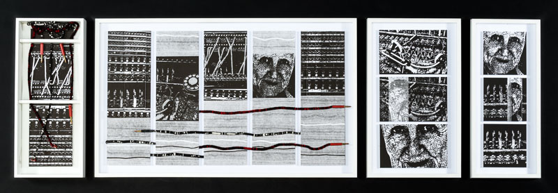 A series of mostly black and white woodblock prints showing different perspectives of an old-fashioned telephone switchboard.