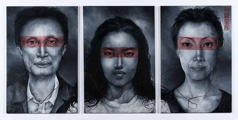 Three portraits of an Asian man, a female youth and a woman.