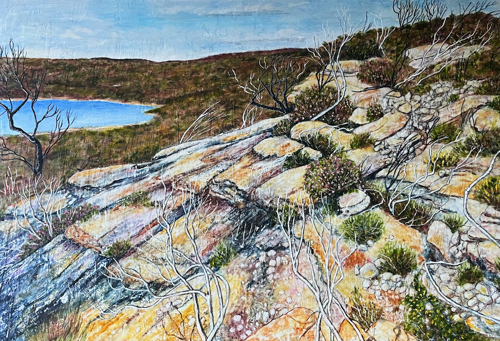 A painting of scrubland overlooking water.