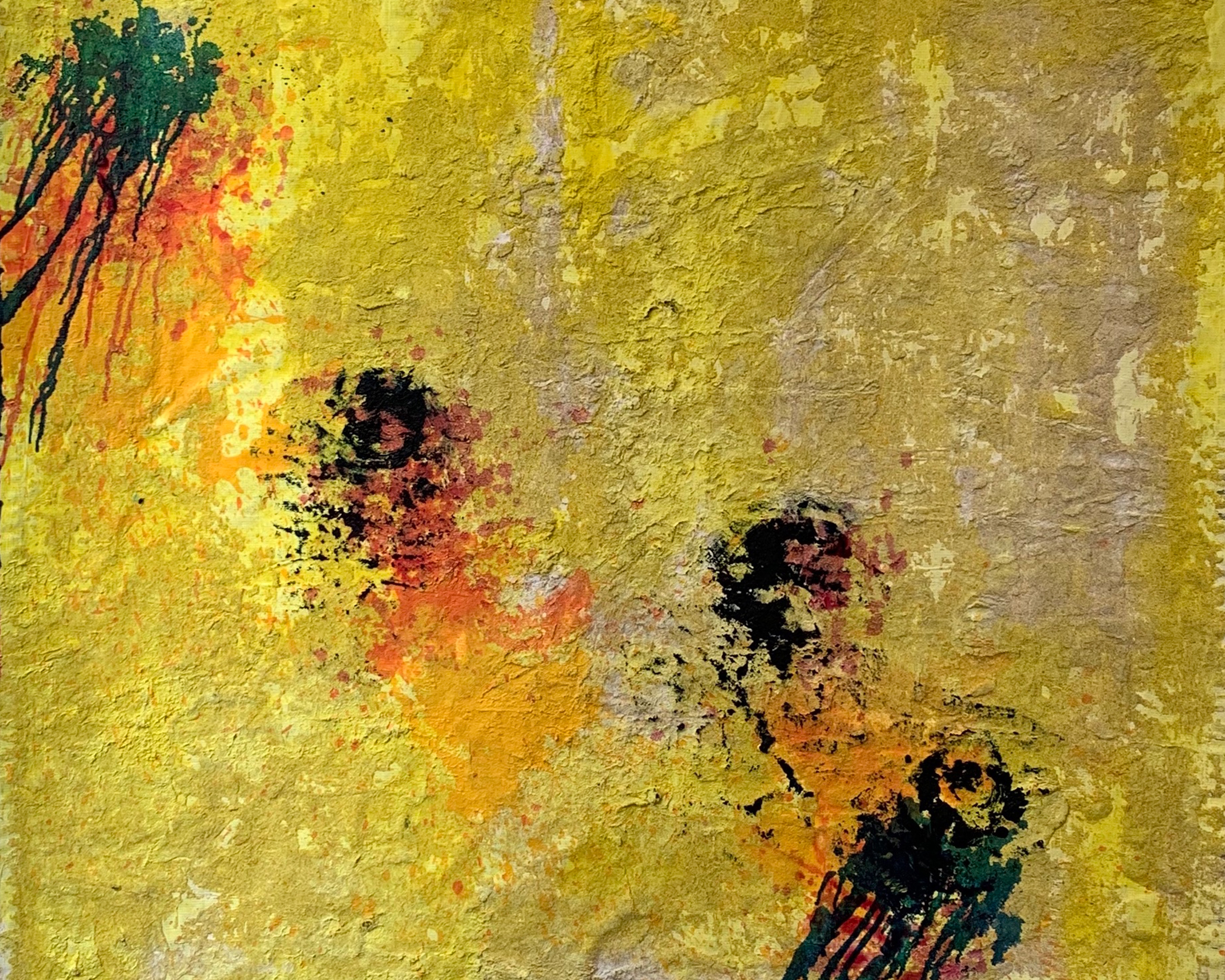 A large yellow abstract artwork with patches of dark green, red and orange. The work is textured and looks sandy to touch.