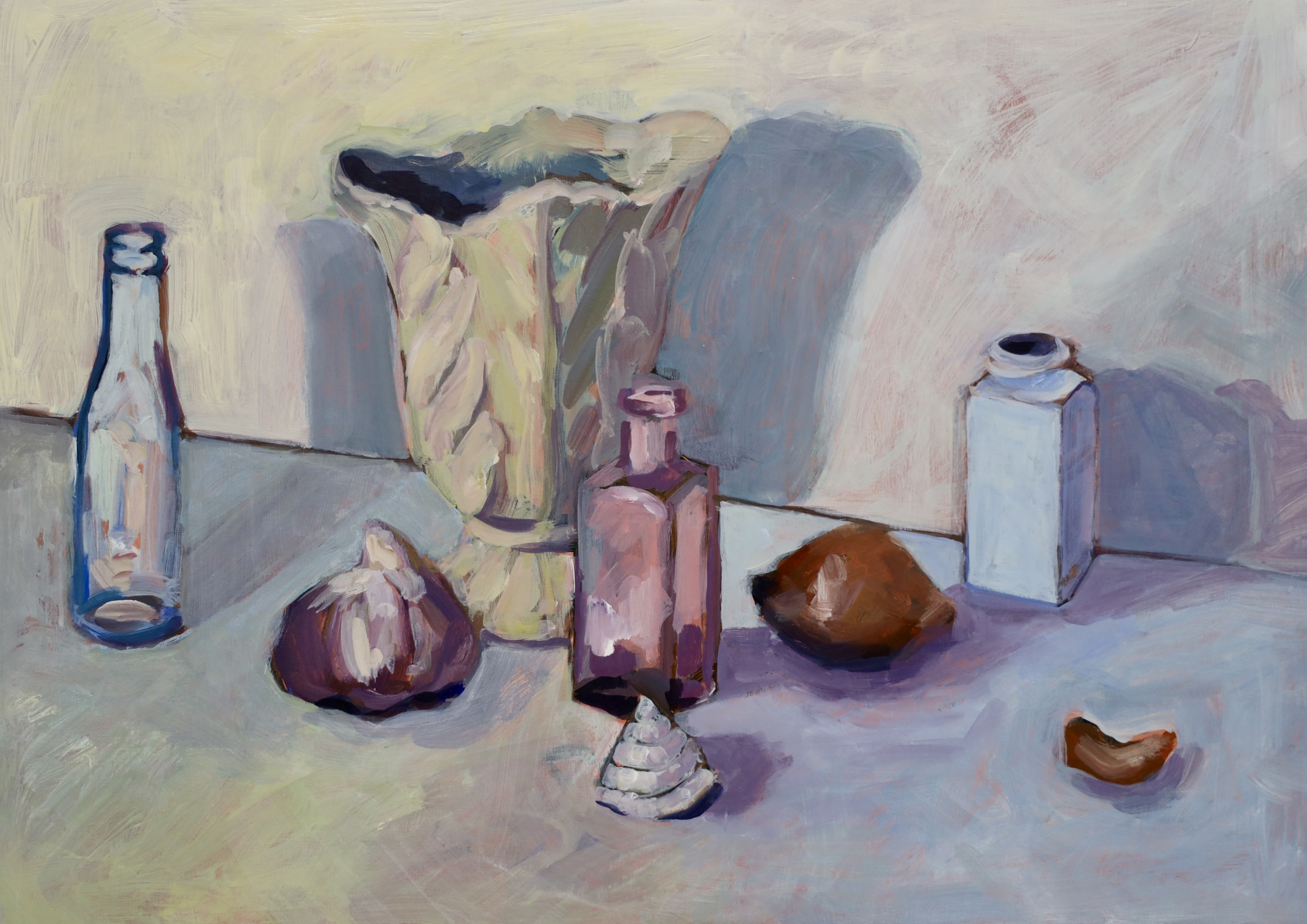 A still life painting of assorted vessels on a table.