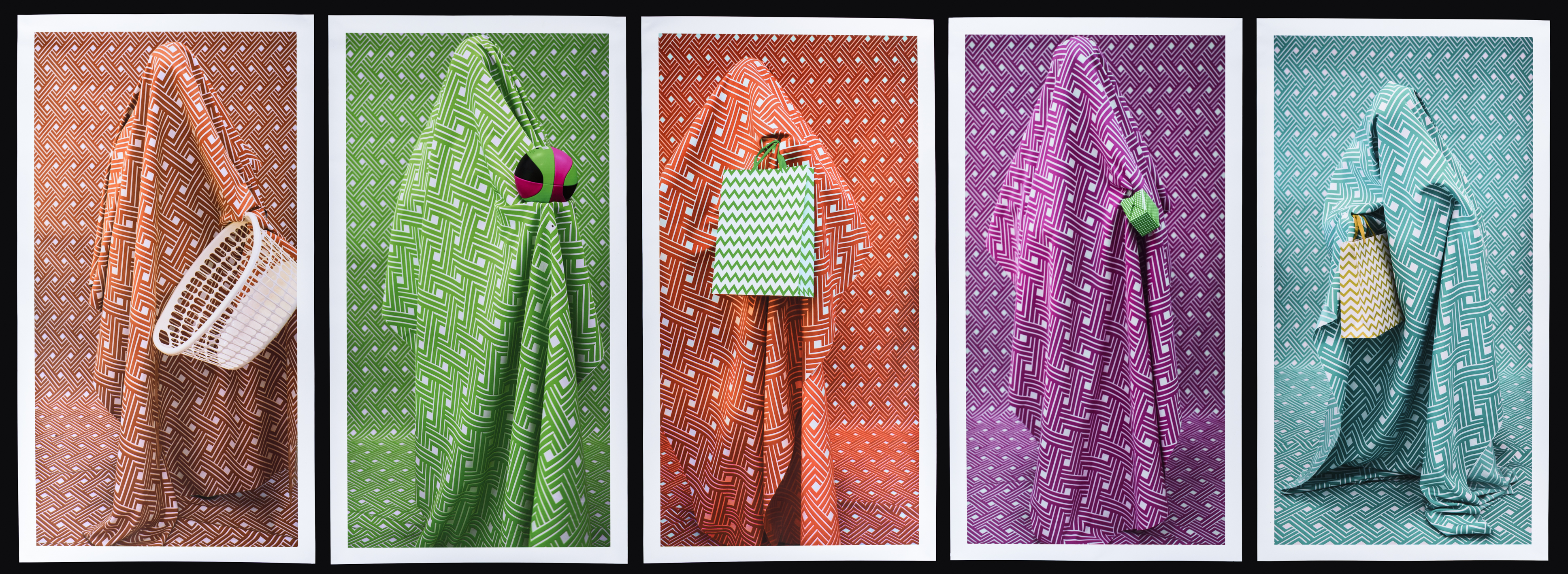 Five bright photographs of figures draped in the same fabric as the background, each holds a different everyday item.