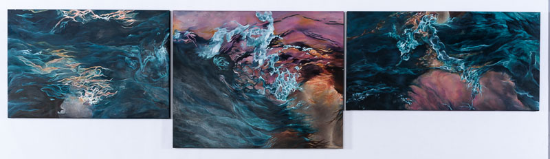 Three paintings of water moving across and around a human form.