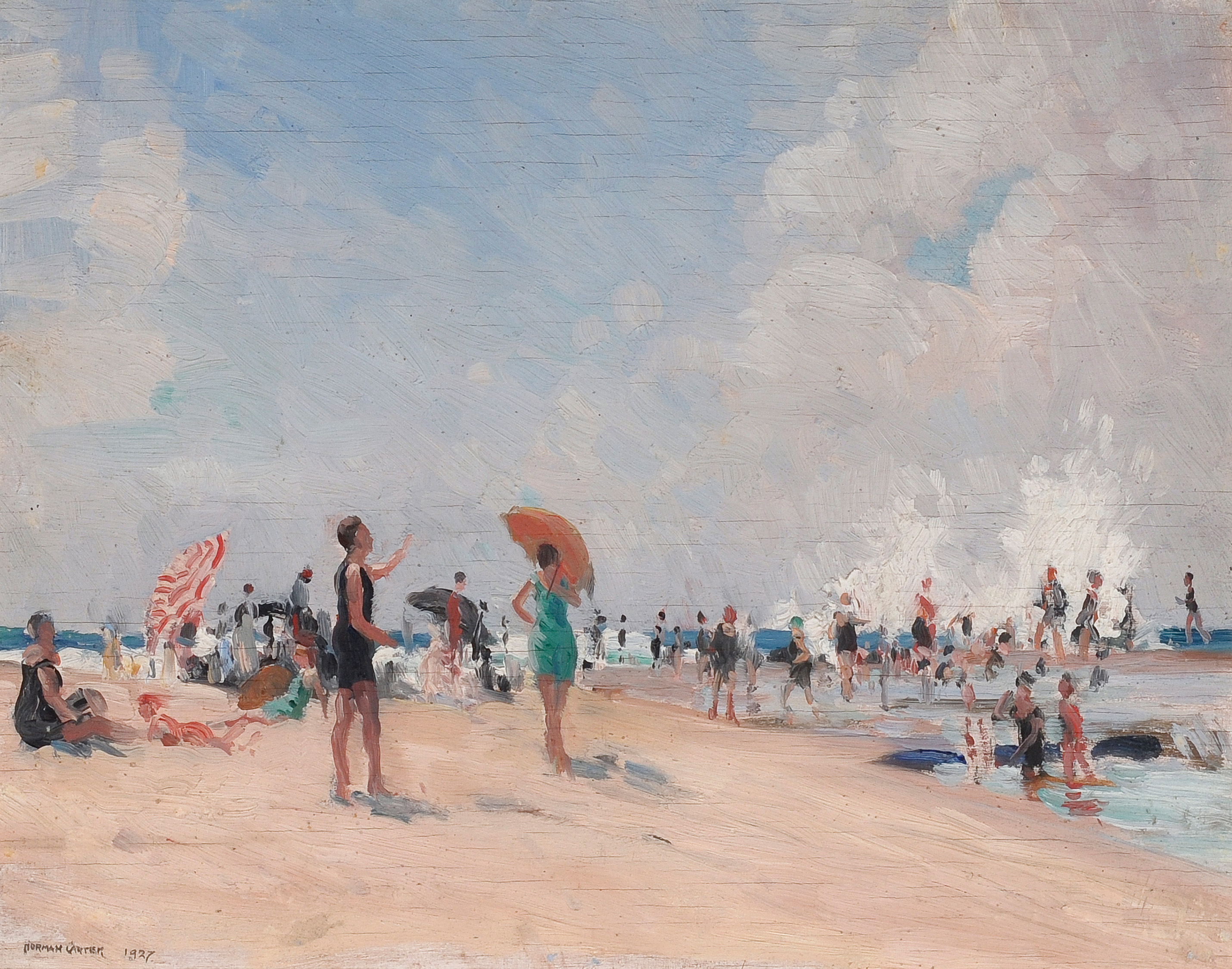 A 1927 painting of people at the beach by artist Norman Carter.